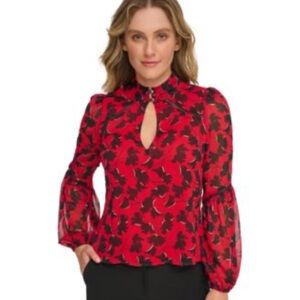 Tommy Hilfiger Blouse Women's‎ XL Red Black Floral Steampunk ballon Long sleeves